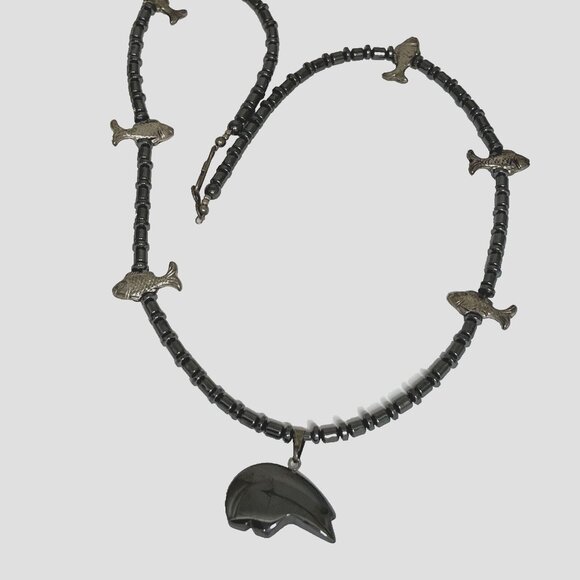 Southwest Hematite Native Fetish Bear w Fishes Set Necklace, Drop Earrings 21" L - Picture 4 of 7